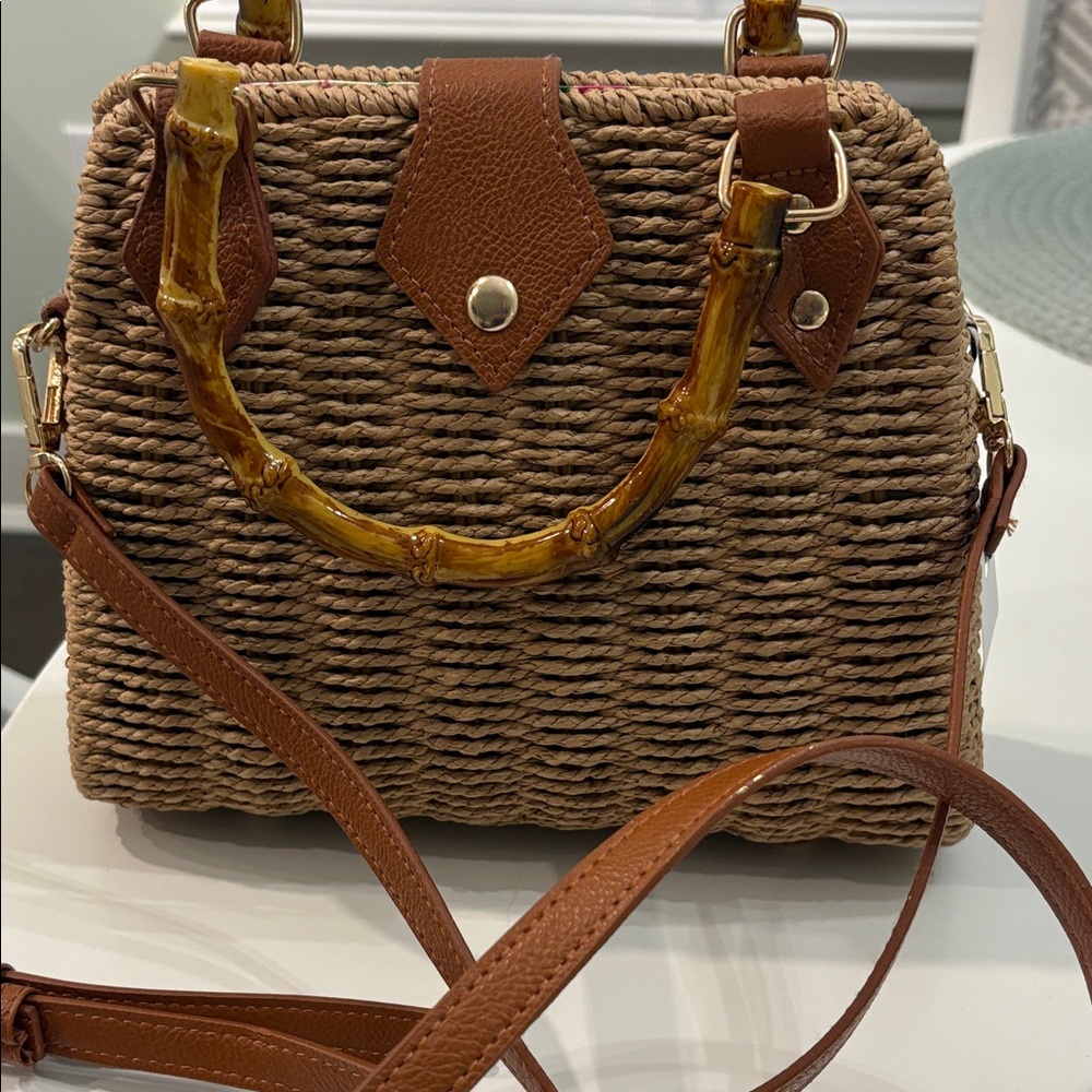 Fun Tan Woven Crossbody Bag with Faux Bamboo Handles